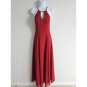 Vintage Chicas Dress Womens Medium Red Beaded Halter 90s Prom Gown Romantic Y2K